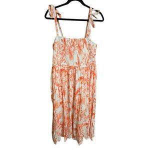 Torrid Coral Orange Tropical Midi Smocked Tie Strap Vacation Luau Dress 1X NWT